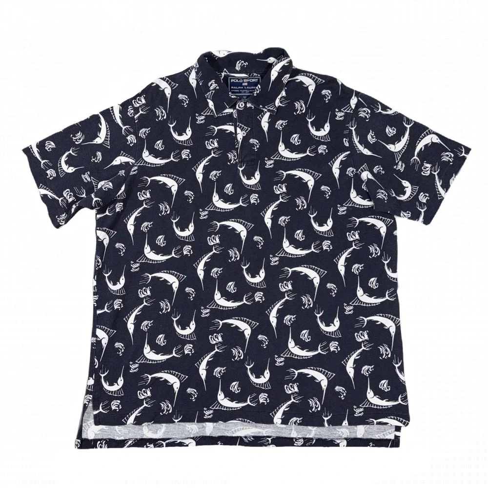 Polo Sport Ralph Lauren Mens 2XL Cotton Swordfish Marlin Print Polo Shirt‎ Navy